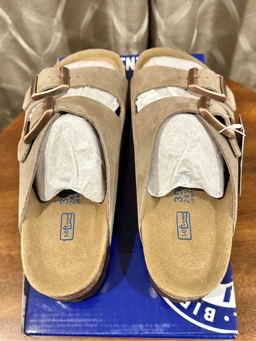 Birkenstock Women’s Sandals Taupe Suede Double Strap with Copper Buckles - Picture 6 of 6